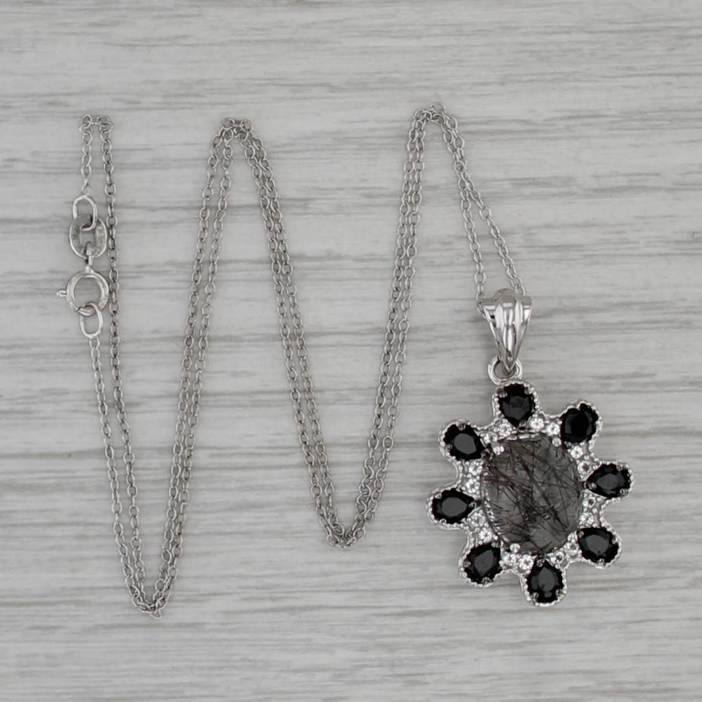 Tourmalated Quartz Topaz Imitation Diamond Pendant Necklace Sterling Silver 18"
