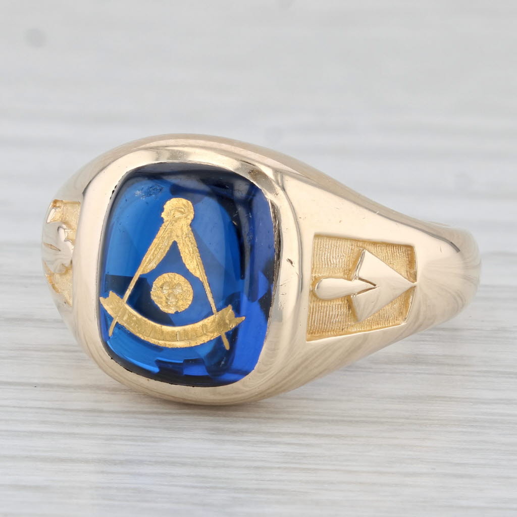 Light Gray Vintage Lab Created Spinel Past Master Mason Ring 10k Yellow Gold Size 10.25