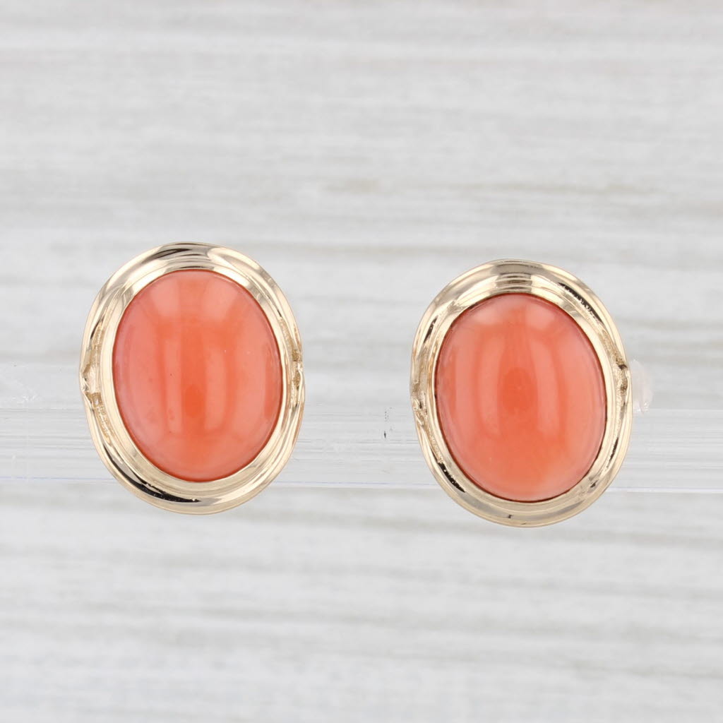 Light Gray Oval Coral Cabochon Stud Earrings 14k Yellow Gold