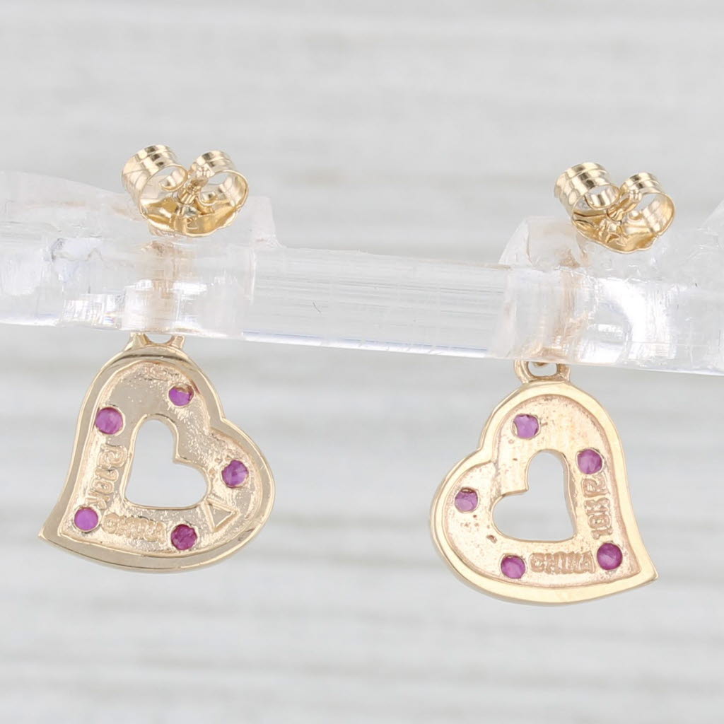 Light Gray 0.20ctw Ruby Diamond Heart Dangle Earrings 10k Yellow Gold