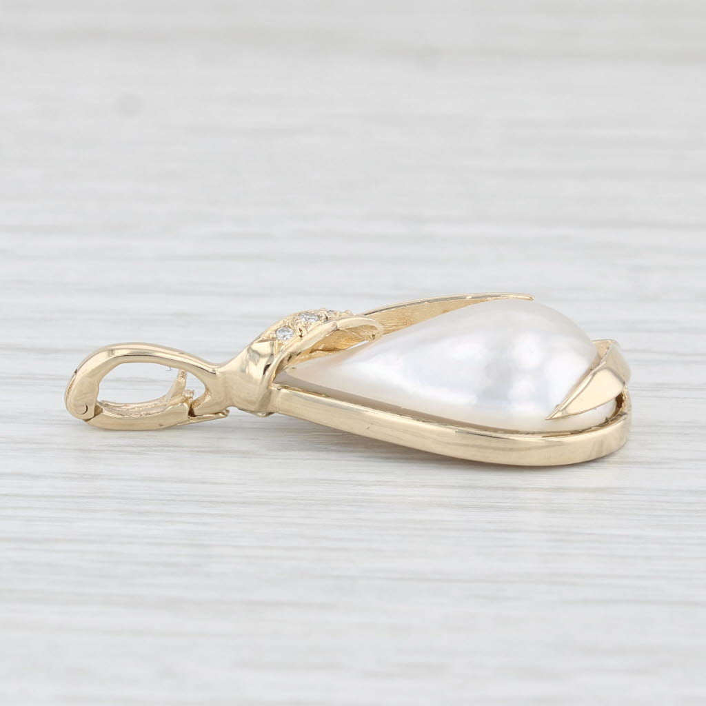 Light Gray Mabe Pearl Diamond Teardrop Pendant 14k Yellow Gold Enhancer Clip Bail