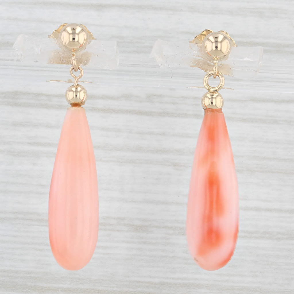 Light Gray Vintage Coral Teardrop Earrings 14k Yellow Gold Pierced Dangles