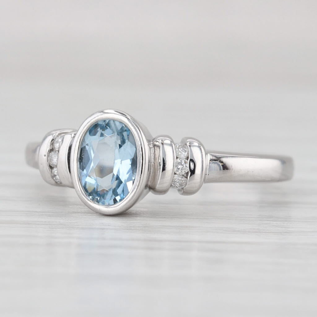 Light Gray 0.95ctw Aquamarine Diamond Ring 14k White Gold Bezel Set Oval Size 8.5