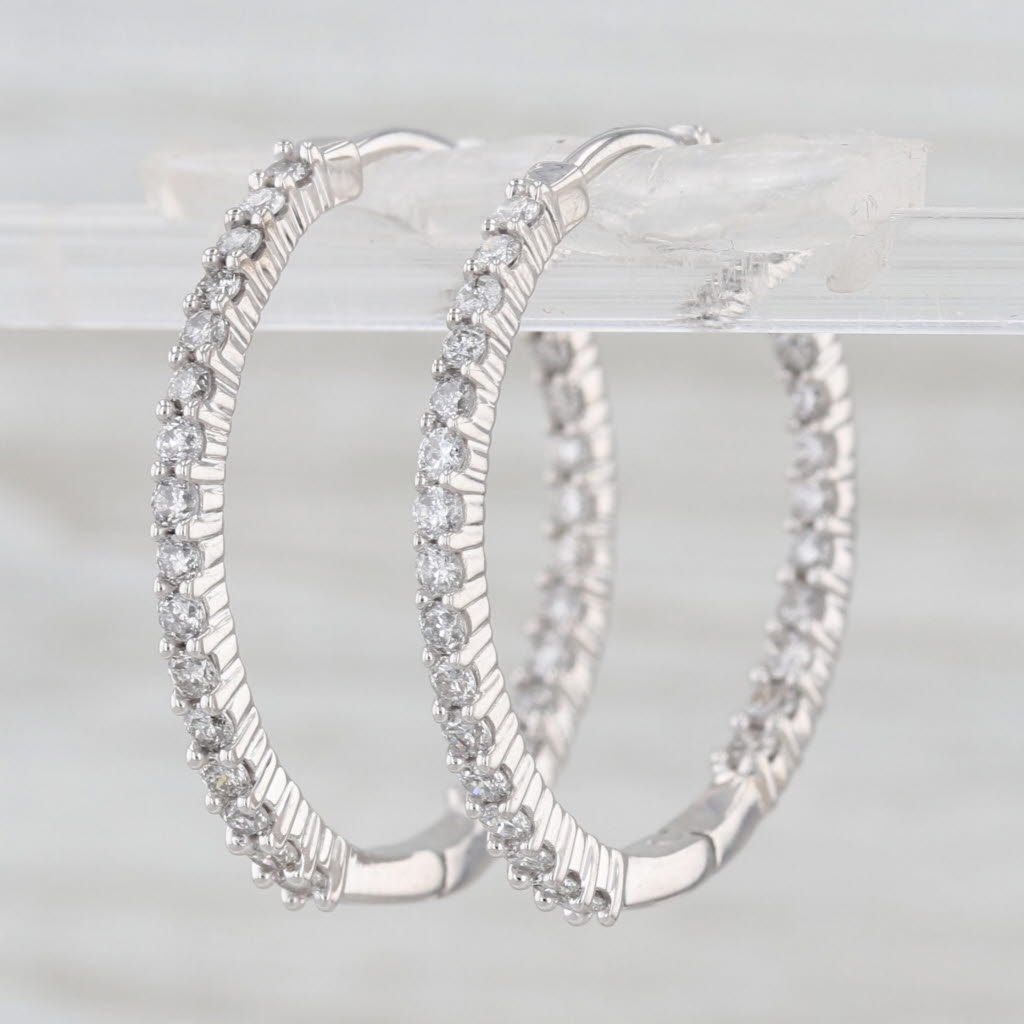 1.04ctw Diamond Inside Out Hoop Earrings 14k White Gold Snap Top Round Hoops