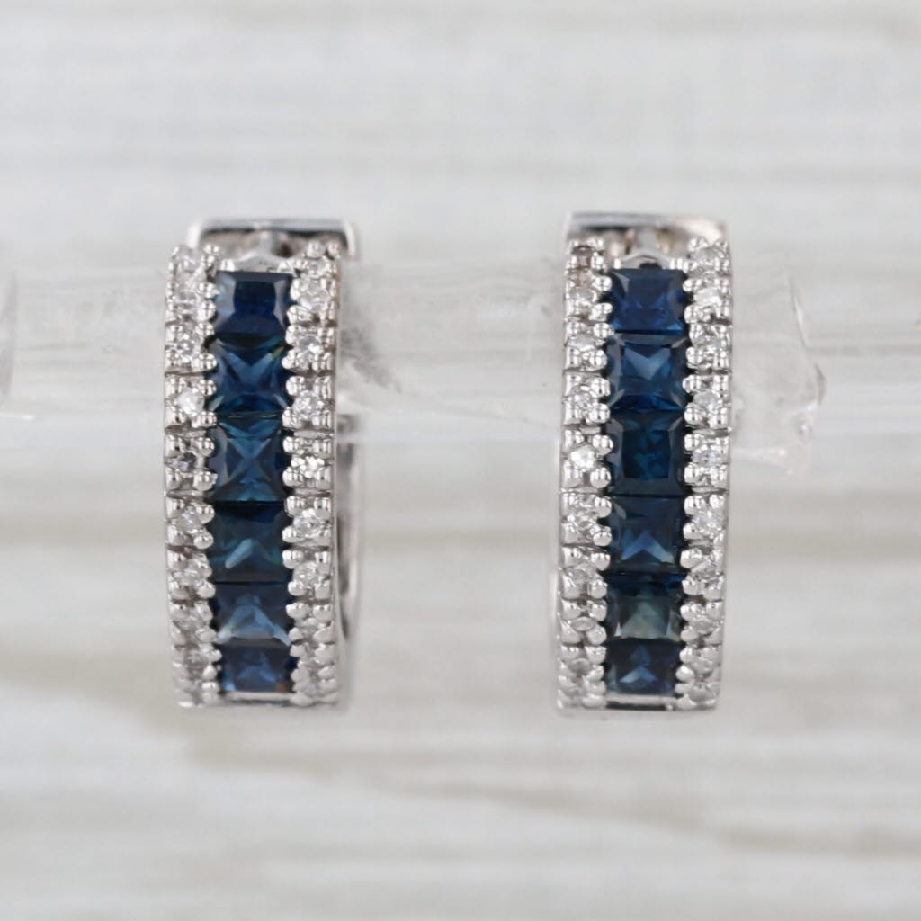 1.34ctw Diamond Sapphire Hoop Huggie Earrings 14k White Gold Hinged Round Hoops