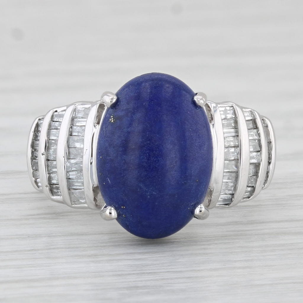 Light Gray Lapis Lazuli 1.10ctw Diamond Ring 14k White Gold Size 7.25 Oval Cabochon