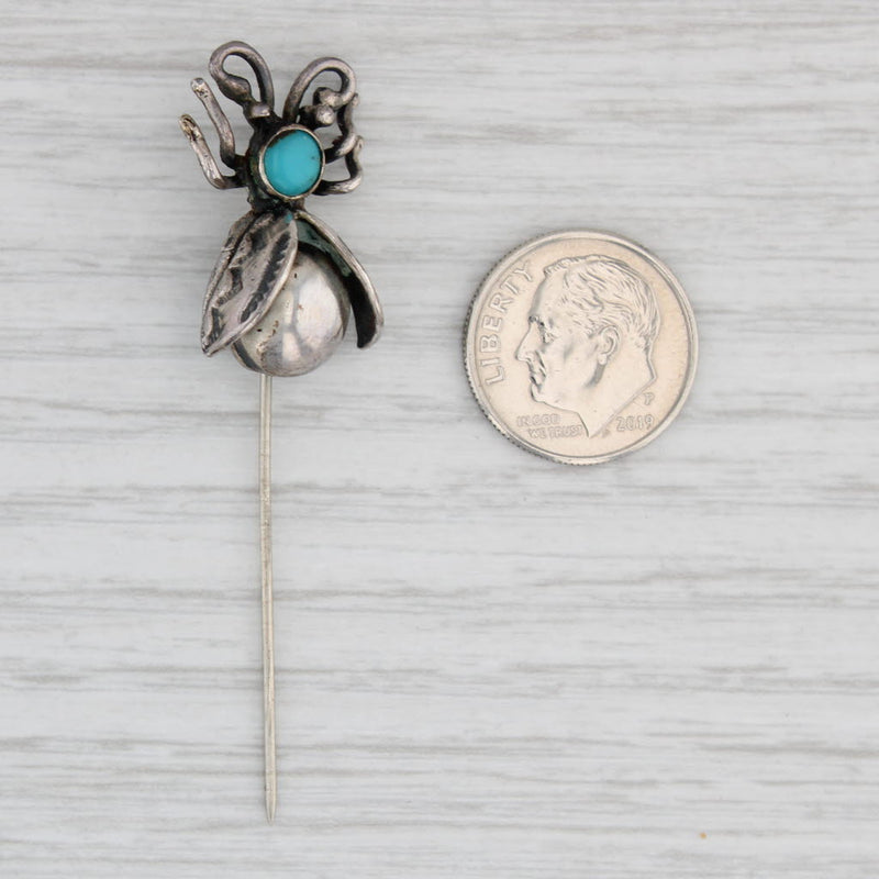 Light Gray Vintage Native American Bug Stickpin Turquoise Sterling Silver