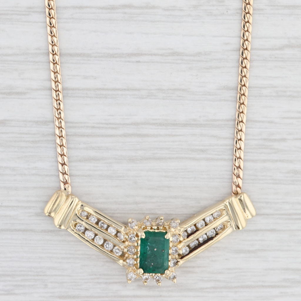 Light Gray 1.28ctw Emerald Diamond Halo Pendant 14k Yellow Gold 16.5" Herringbone Chain