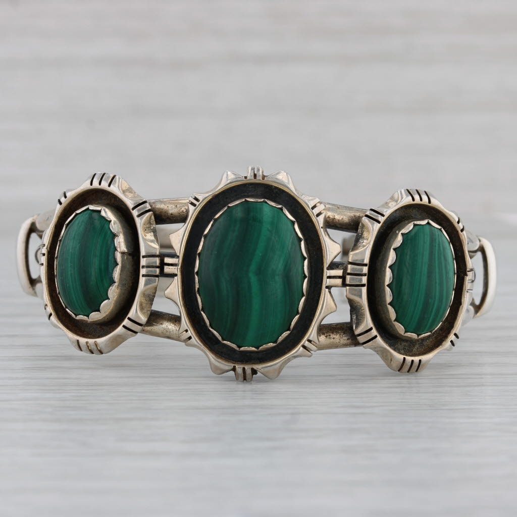 Gray Native American Green Malachite Cuff Bracelet Sterling Silver Vintage 3-Stone