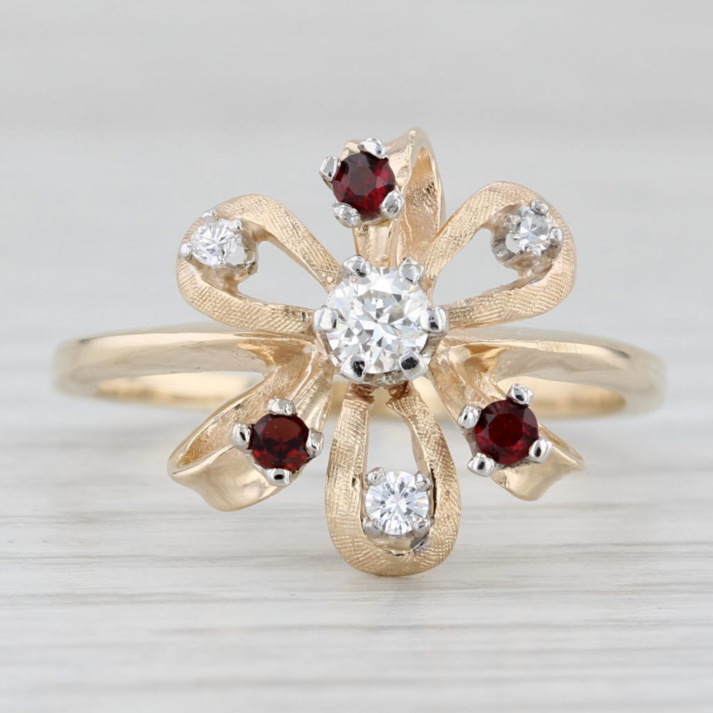 Light Gray 0.39ctw Diamond Lab Created Ruby Garnet Flower Ring 14k Yellow Gold Size 9