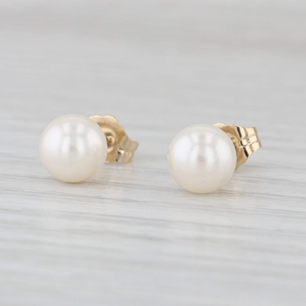 Cultured Pearl Stud Earrings 14k Yellow Gold 6.2mm Round Bead Solitaire Studs