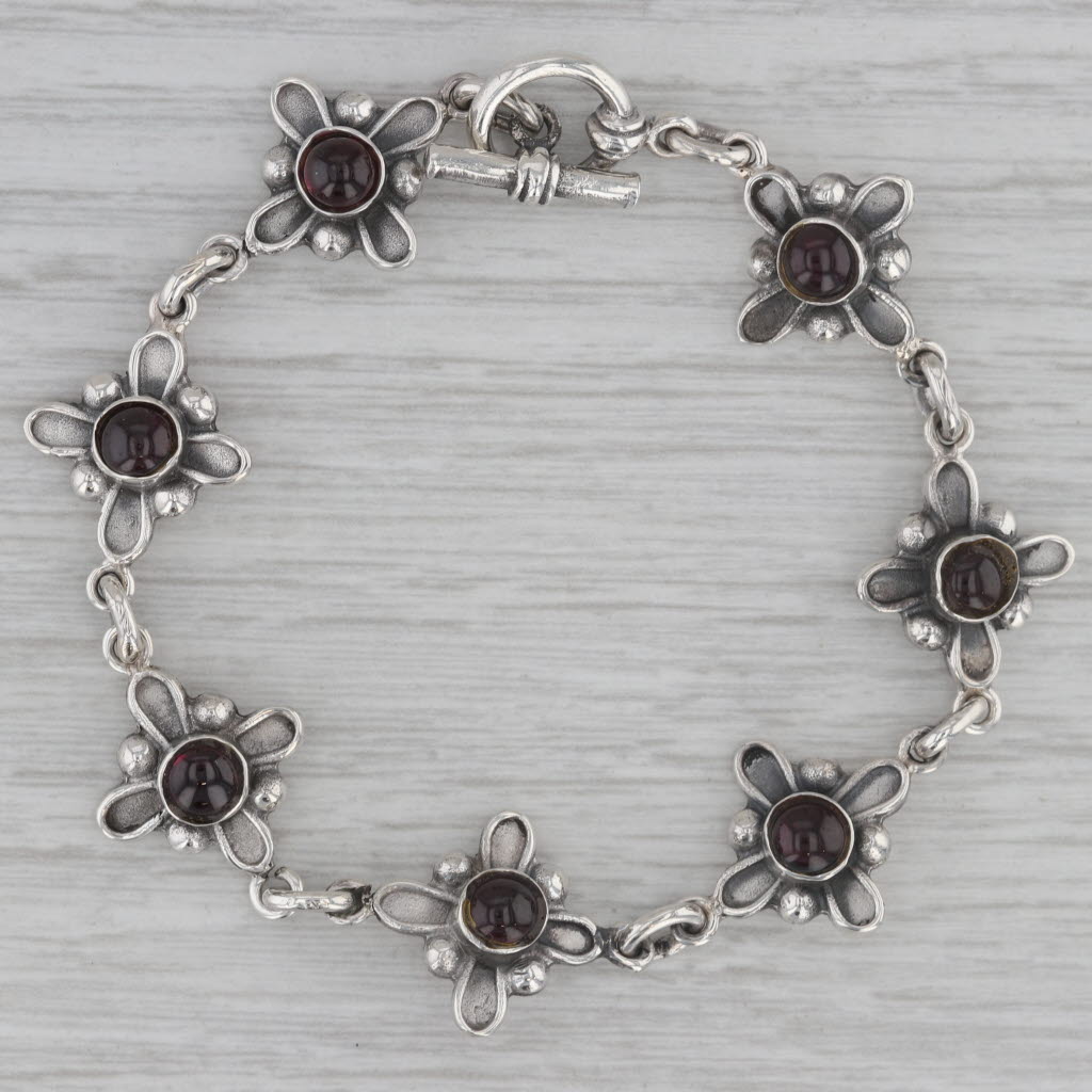 Gray Garnet Flower Link Bracelet Sterling Silver 7" Floral Jewelry