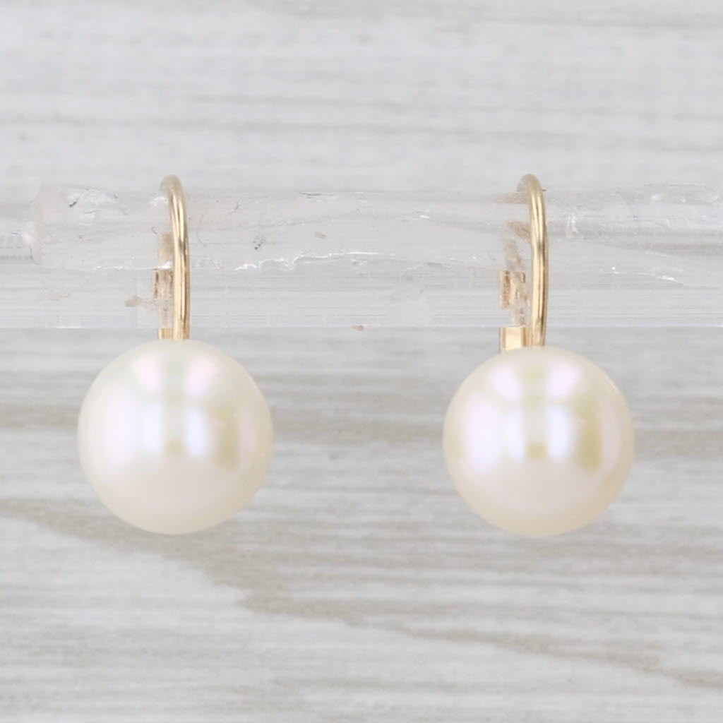 Cultured Pearl Button Drop Earrings 14k Yellow Gold Lever Backs