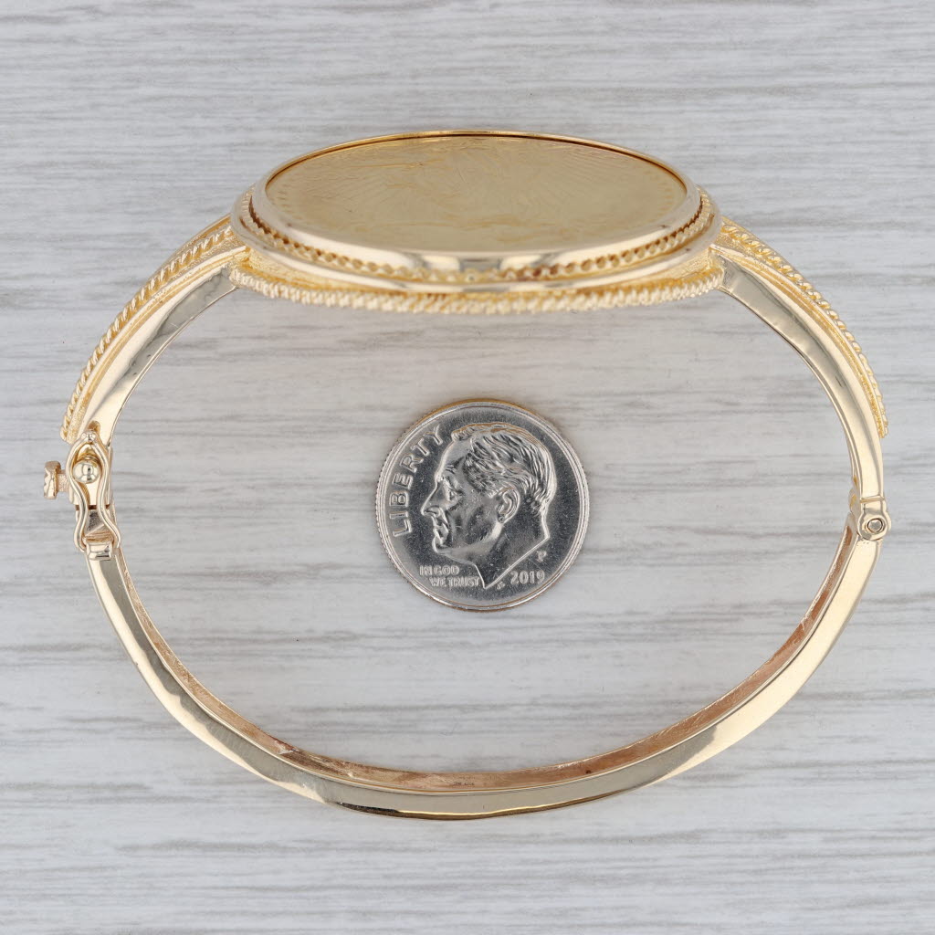 Gray 1908 $20 Dollar St Gaudens US Coin Bangle Bracelet 14k Yellow Gold Eagle 6.75”