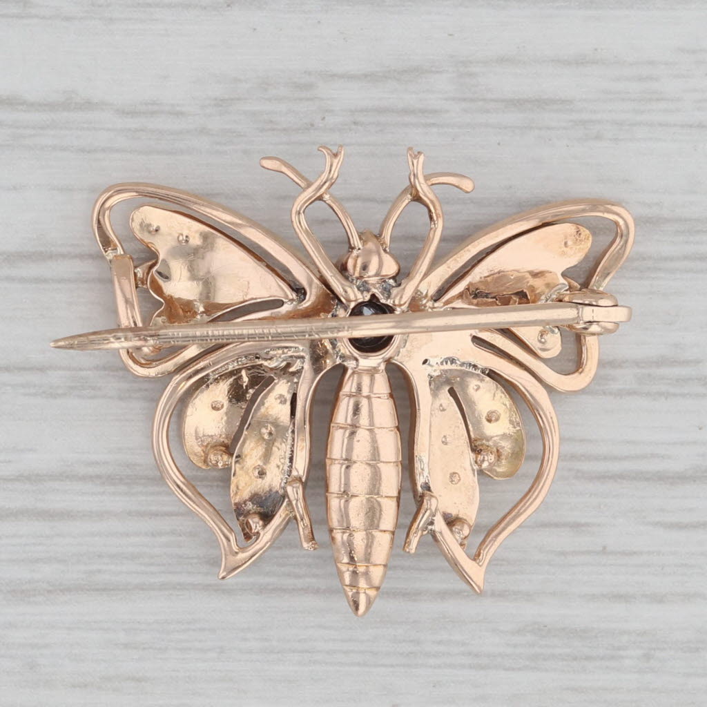 Gray Vintage Pearl Diamond Butterfly Brooch 14k Yellow Gold Pin Insect Jewelry