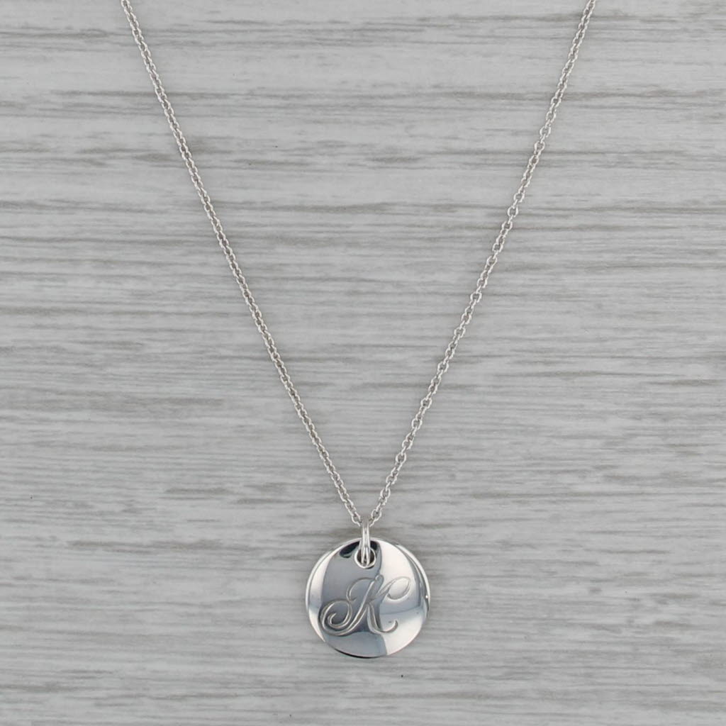 Tiffany Engraved Initial Letter K Disc Pendant Necklace Pouch Sterling Silver