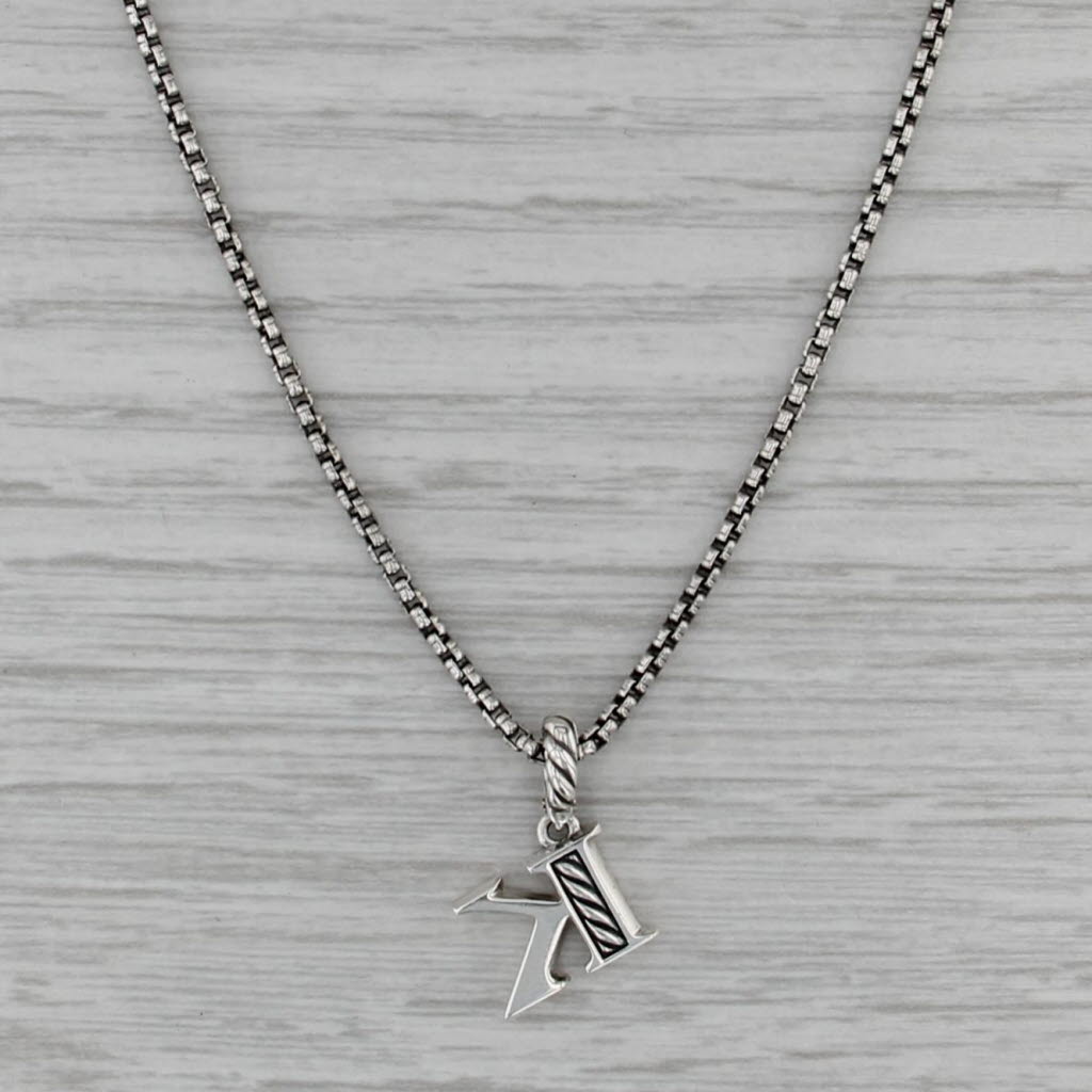 David Yurman Diamond Initial Letter K Pendant Necklace Sterling Silver Box Chain