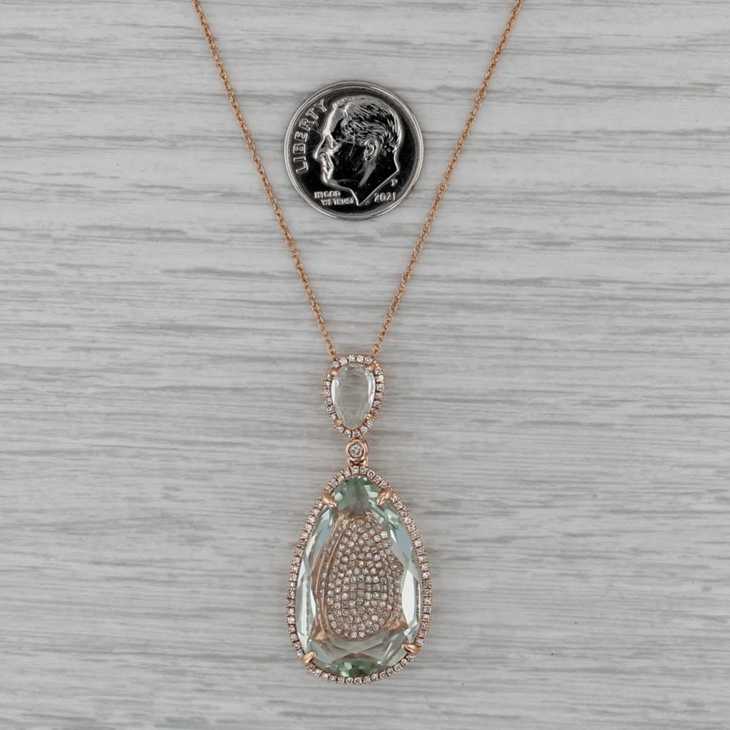 12.08ctw Prasiolite Green Amethyst Diamond Pendant Necklace 14k Rose Gold 18.5"