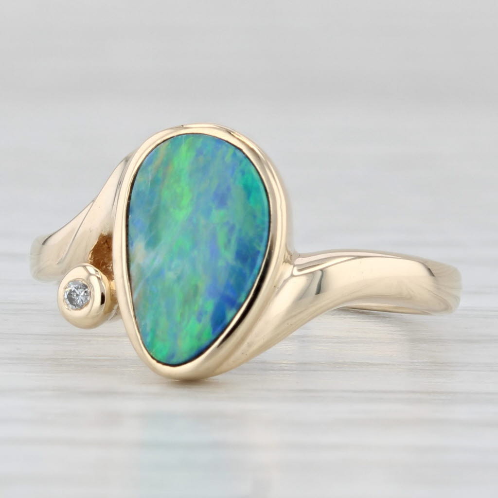 Light Gray Multicolor Opal Ring 14k Yellow Gold Bypass Size 6 Diamond Accent