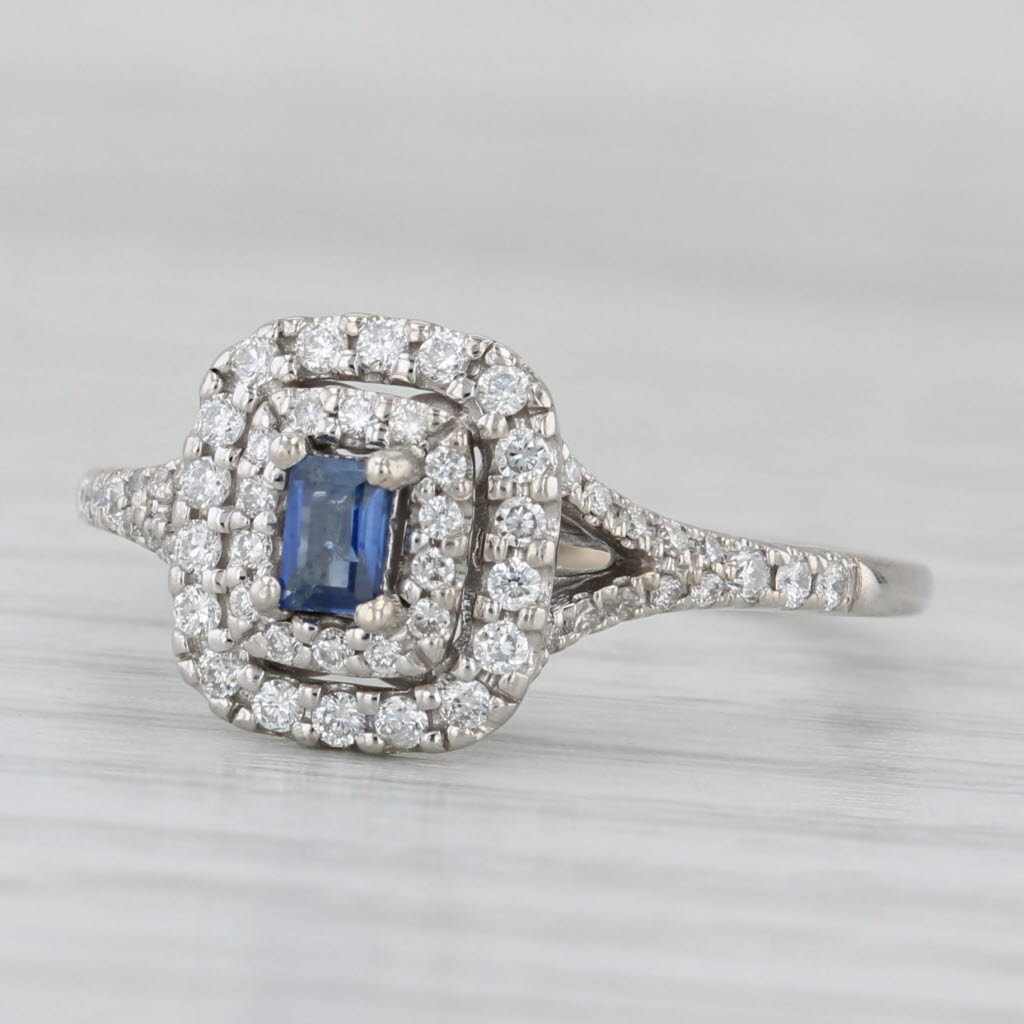 Light Gray 0.55ctw Blue Sapphire Diamond Halo Ring 14k White Gold Size 6.75 Engagement