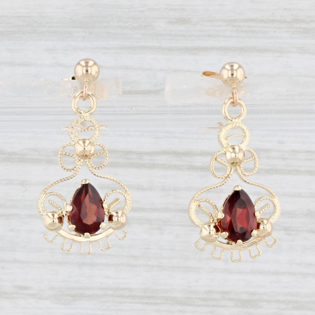 Light Gray 1ctw Garnet Filigree Dangle Earrings 14k Yellow Gold Drops