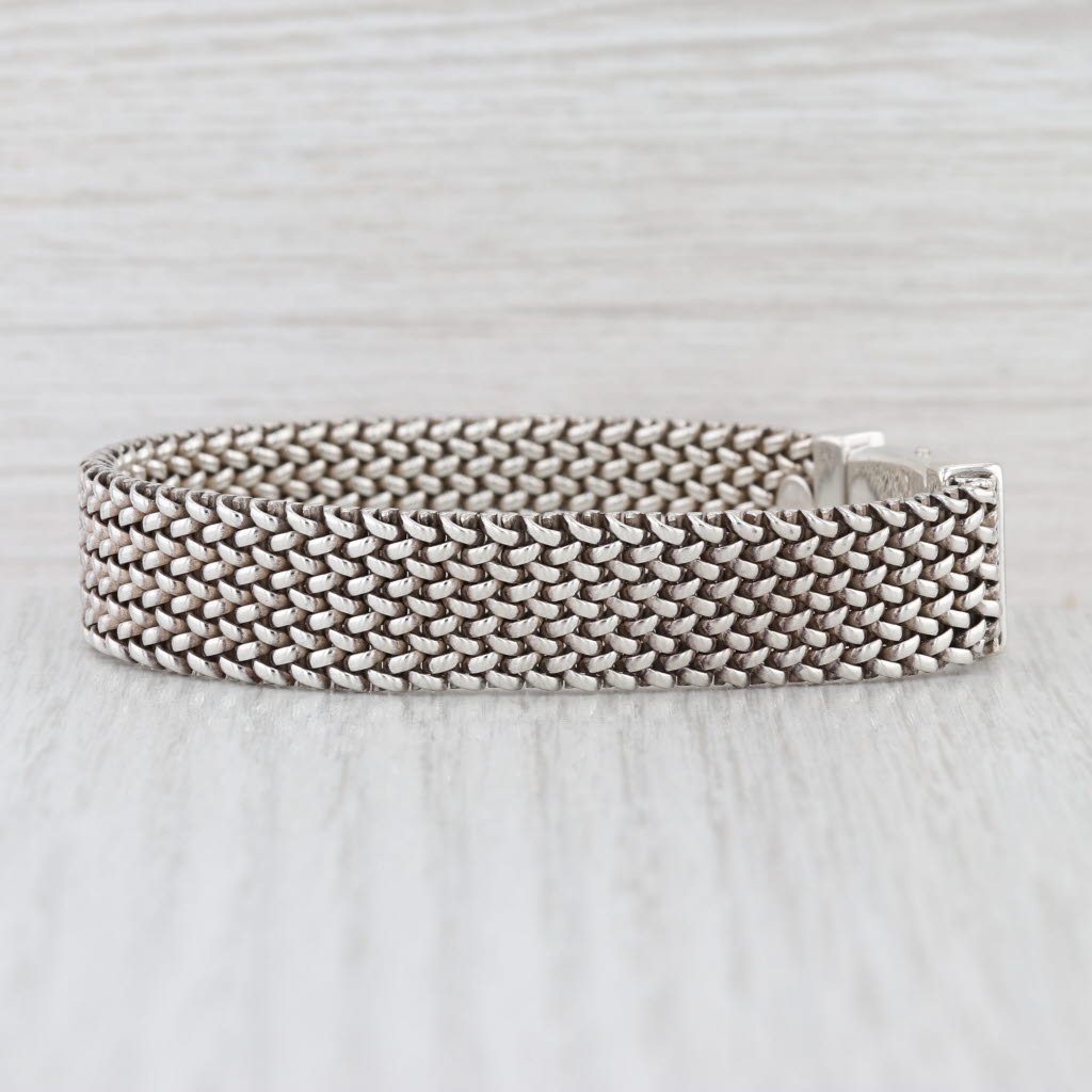 Flli Menegatti Italy Wide Mesh Bracelet Sterling Silver 7" 14mm Snap Clasp