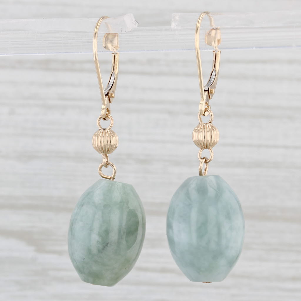 Light Gray Jadeite Jade Bead Dangle Earrings 14k Yellow Gold Pierced Lever Back Drops