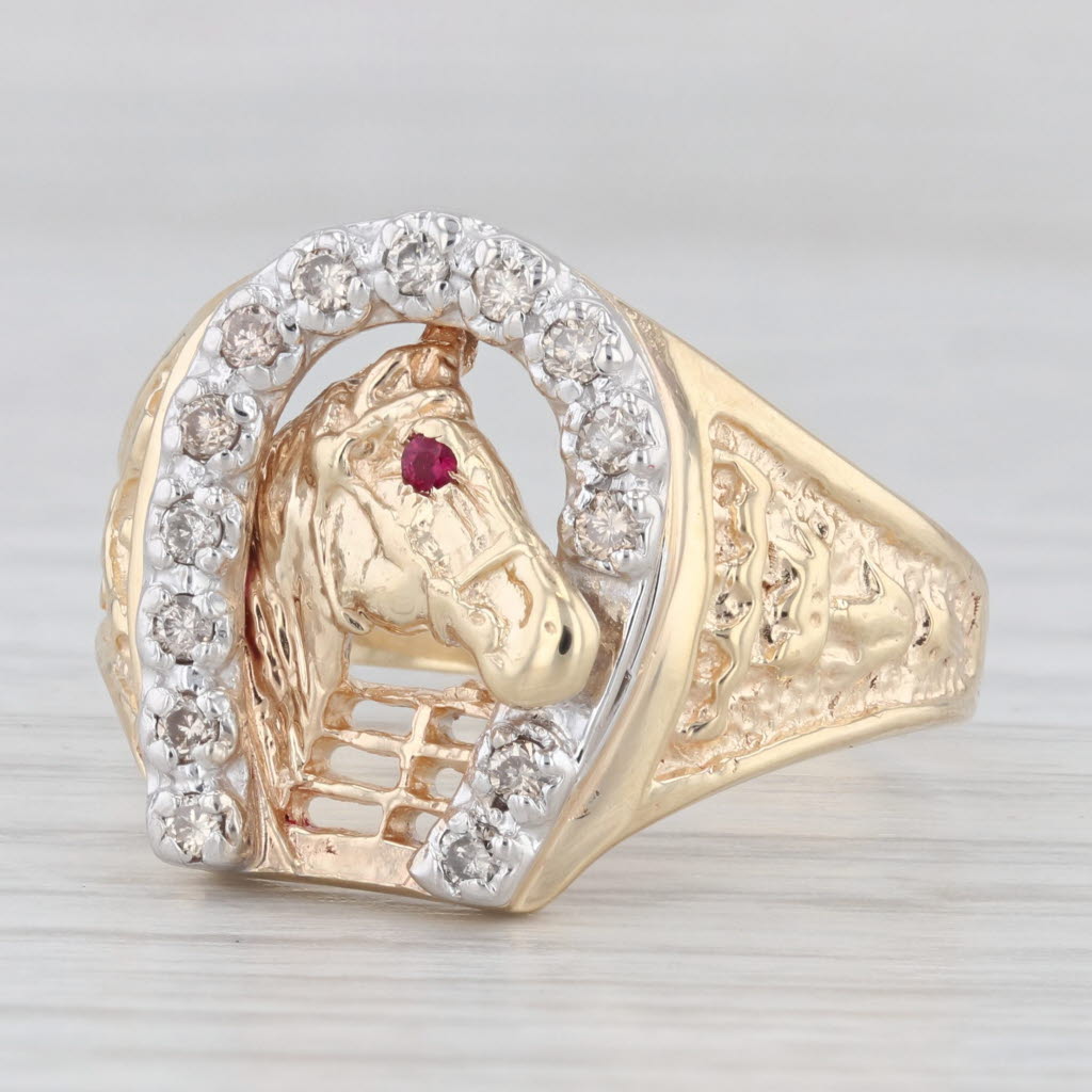 Light Gray 0.20ctw Diamond Horseshoe Horse Ring 14k Gold Size 11.5 Western Lab Created Ruby