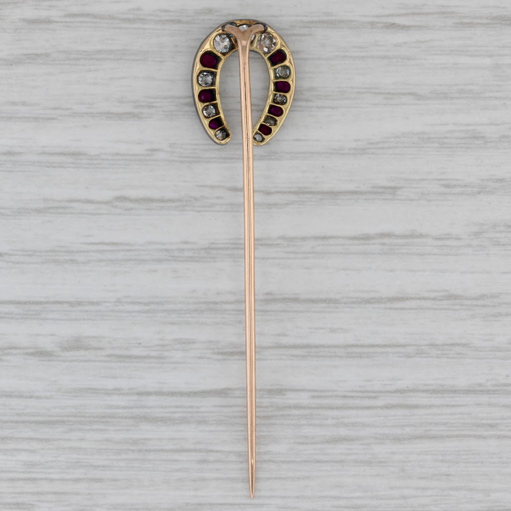 Gray Antique 0.70ctw Ruby Diamond Horseshoe Stickpin Silver Gold