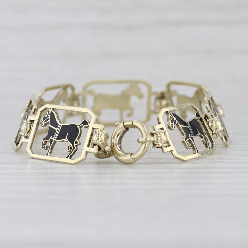 Vintage Black Enamel Horse Panel Bracelet 14k Yellow Gold 6.75" 12.1mm