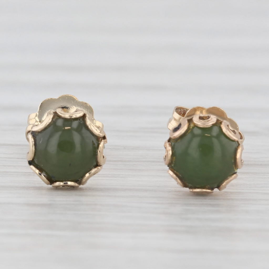 Light Gray Green Nephrite Jade Stud Earrings 14k Yellow Gold Round Cabochon Solitaires