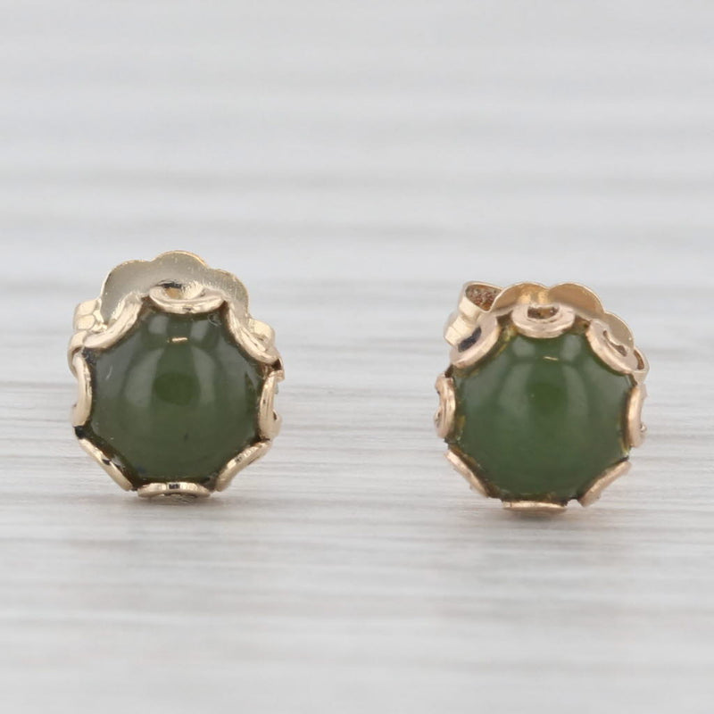 Green Nephrite Jade Stud Earrings 14k Yellow Gold Round Cabochon Solitaires