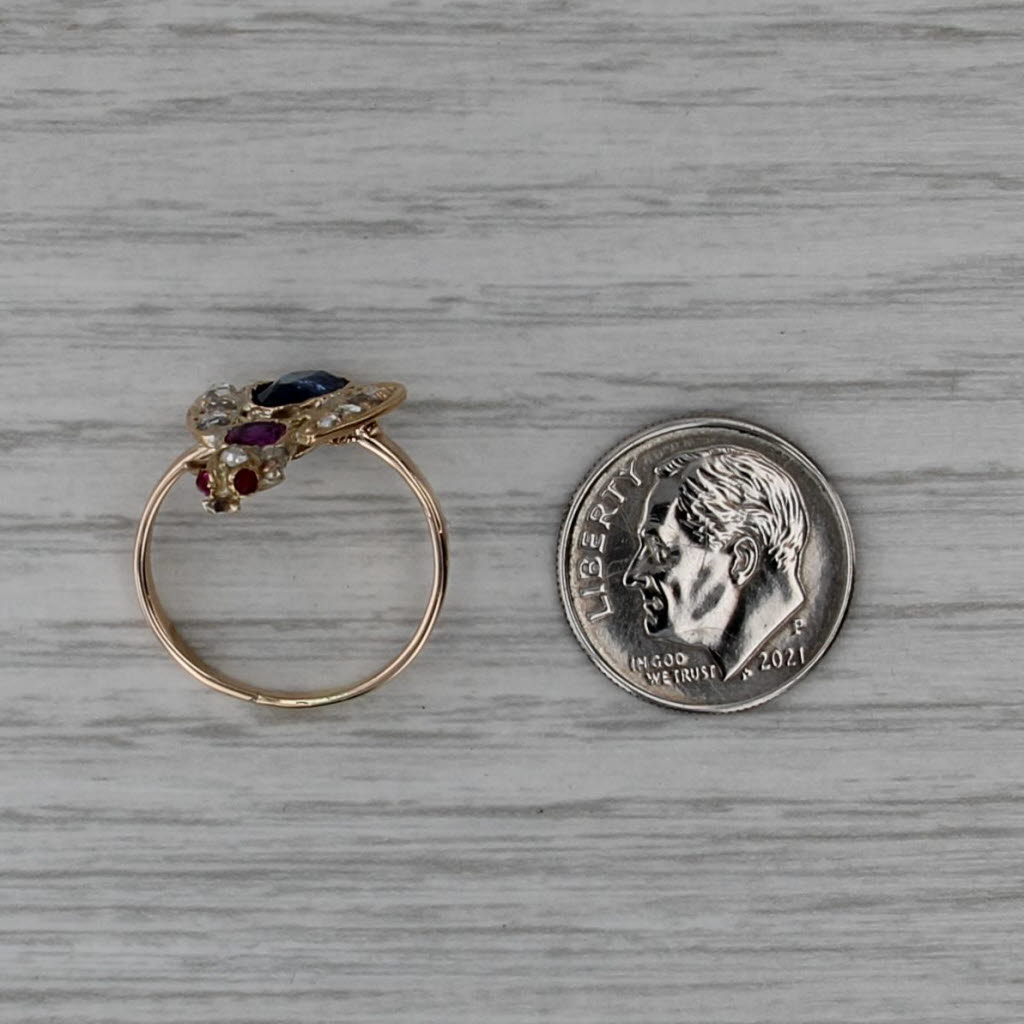Vintage 1.63ctw Diamond Sapphire Ruby Bee Ring 10k Yellow Gold Size 7