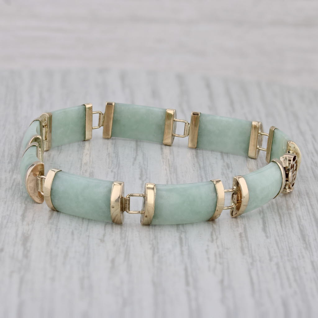 Gray Green Jadeite Jade Bar Link Bracelet 10k Gold 7.25" Chinese Good Fortune