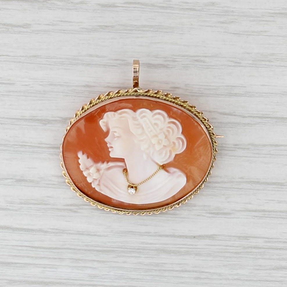 Vintage Carved Shell Cameo Brooch Convertible Pendant 14k Gold Diamond Pin