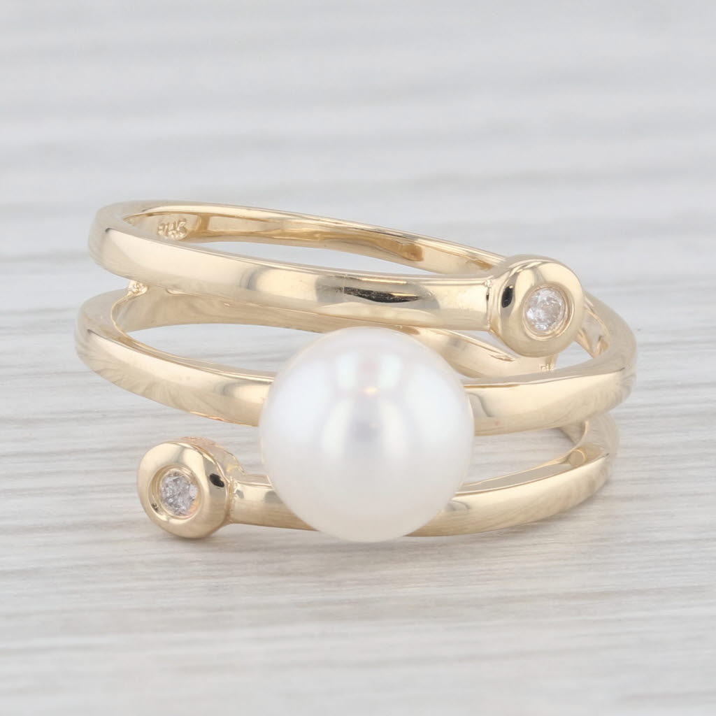 Light Gray Cultured Pearl Diamond Bypass Ring 14k Yellow Gold Size 6