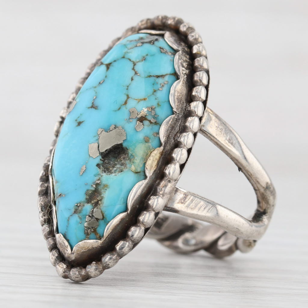 Light Gray Vintage Native American Turquoise Ring Sterling Silver Cabochon Signed Size 7