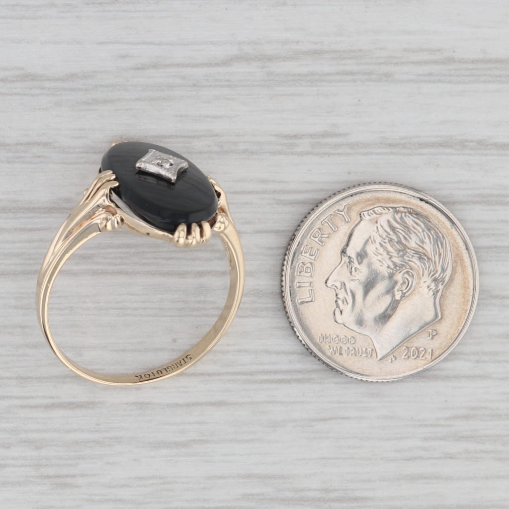 Gray Vintage Oval Onyx Diamond Signet Ring 10k Yellow Gold Size 6.5