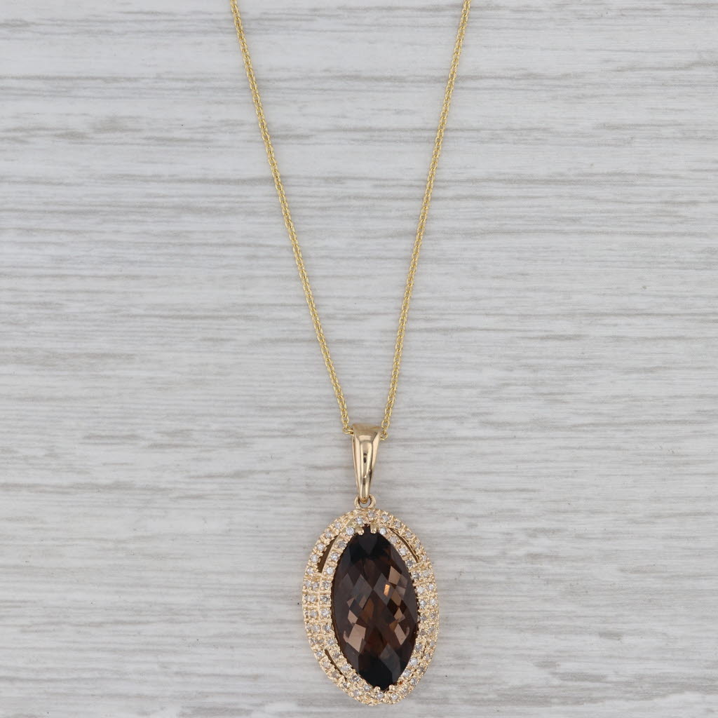 Gray Smoky Quartz Diamond Halo Pendant Necklace 14k Yellow Gold 16" Cable Chain