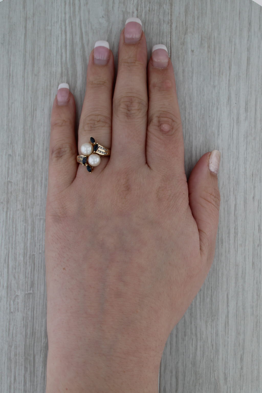 Culutred Pearl Sapphire Diamond Bypass Ring 14k Yellow Gold Size 6 Cocktail