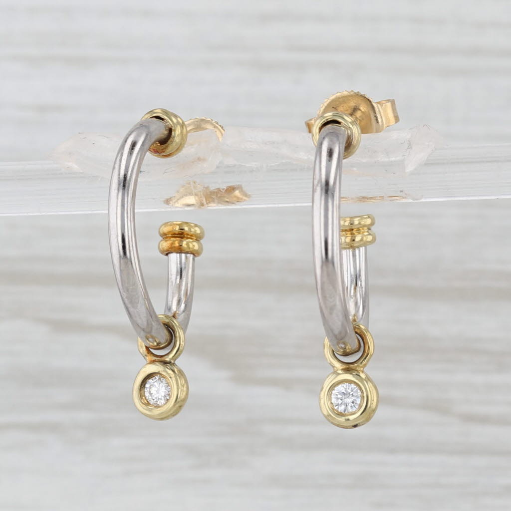 Light Gray Diamond Charm Hoop Earrings Platinum 18k Yellow Gold Rope Hoops