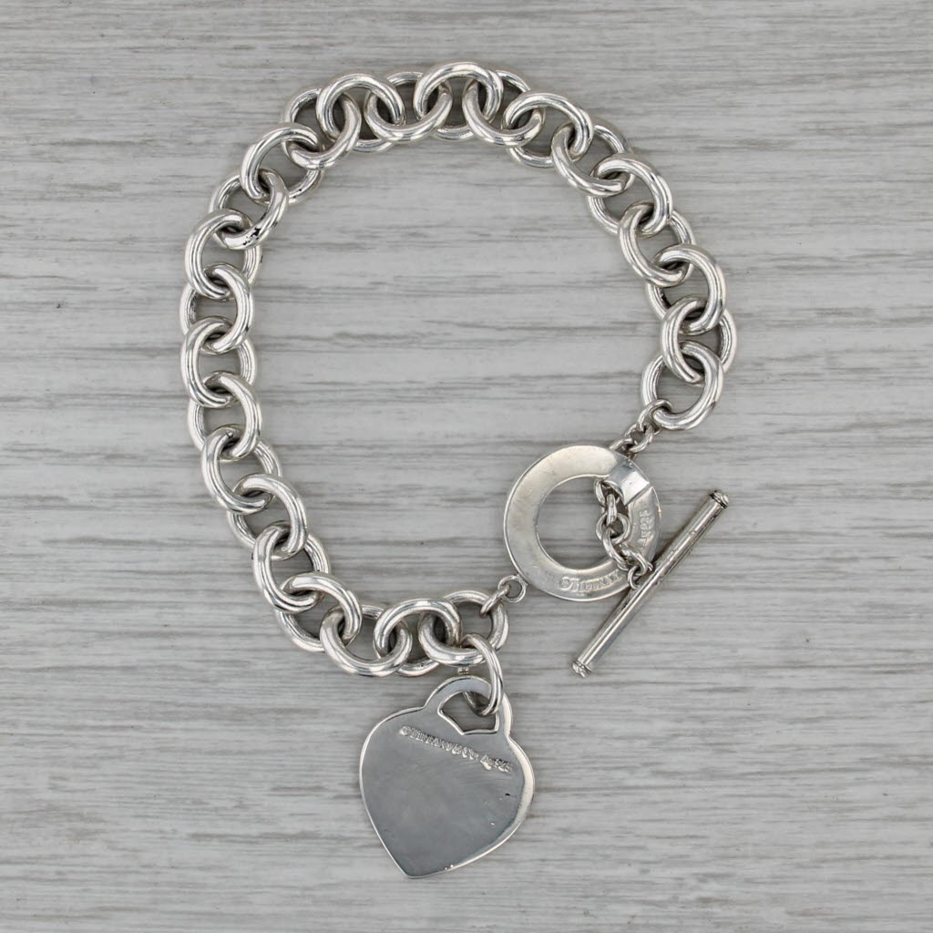 Return to Tiffany Heart ID Tag Charm Bracelet Box Pouch Sterling Silver 7.25"