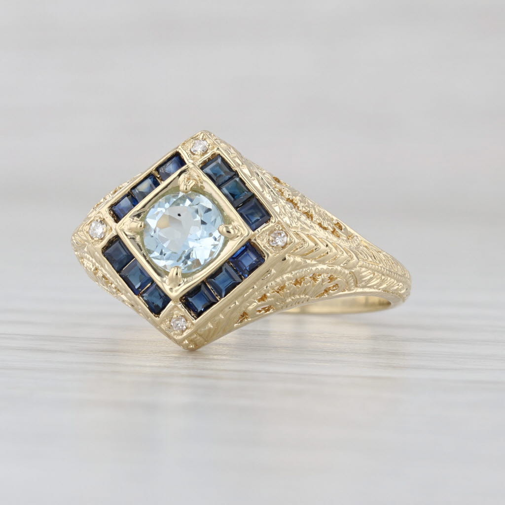 0.90ctw Aquamarine Sapphire Diamond Floral Filigree Ring 14k Yellow Gold Sz 8.25