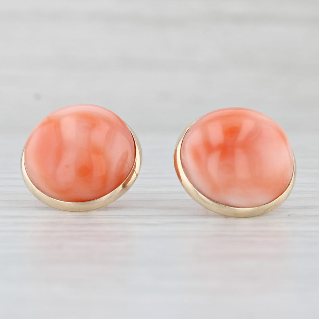 Light Gray Pink Coral Button Stud Earrings 14k Yellow Gold