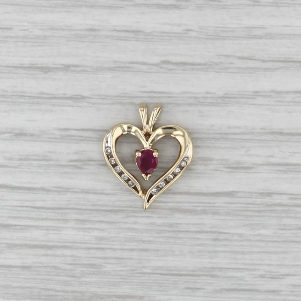 0.39ctw Ruby Diamond Open Heart Pendant 10k Yellow Gold