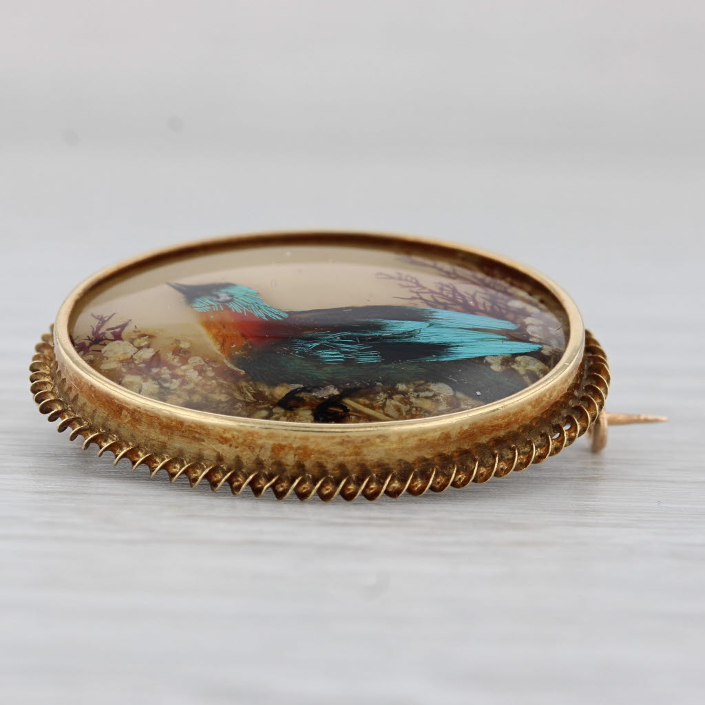 Gray Antique Floral Bird Brooch 18k Gold 1860s Pin Glass Feathers Portrait French