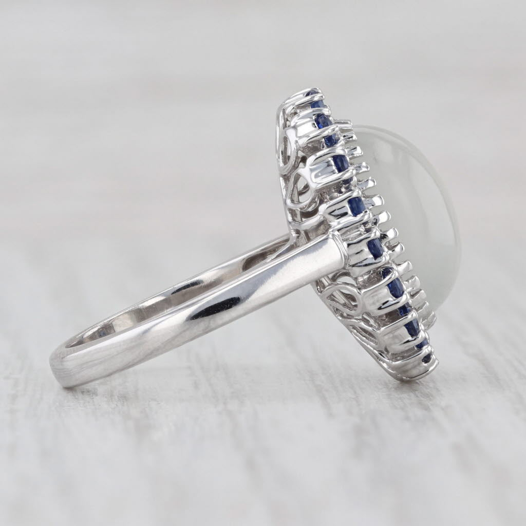 Blue Sapphire Cat's Eye Moonstone Ring 14k White Gold Size 6 Oval Cabochon