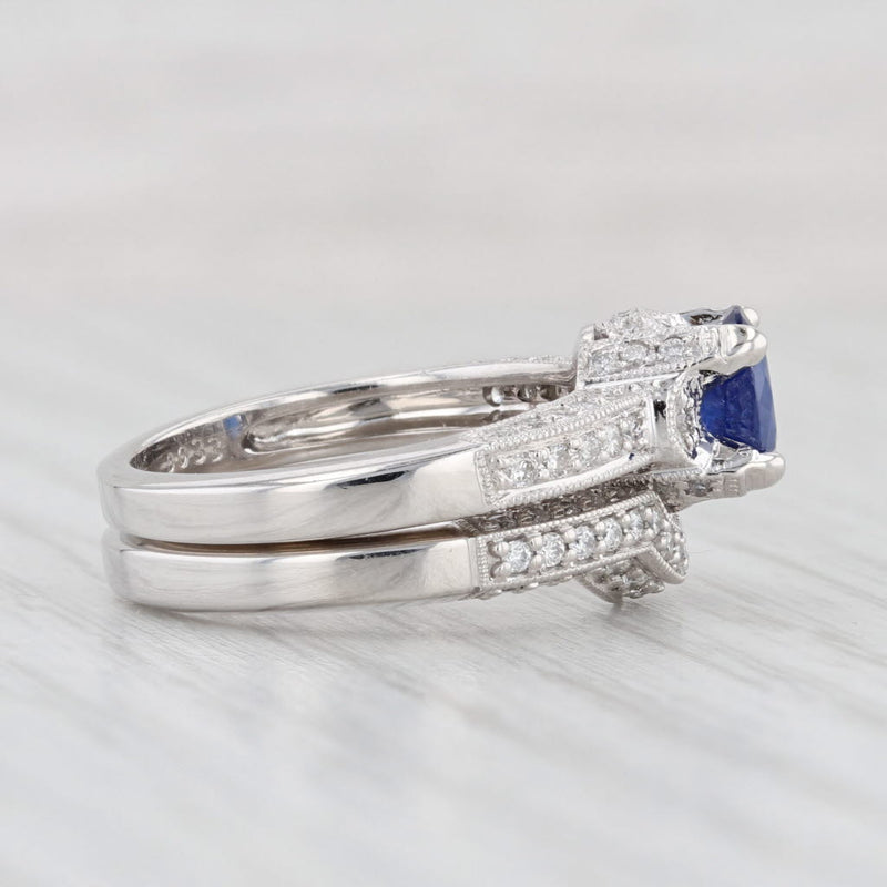 Light Gray 1.46ctw Blue Sapphire Diamond Engagement Ring Wedding Band Set 14k Gold Sz 6 GIA