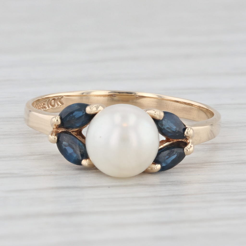 Light Gray Cultured Pearl Blue Sapphire Ring 10k Yellow Gold Size 6.75
