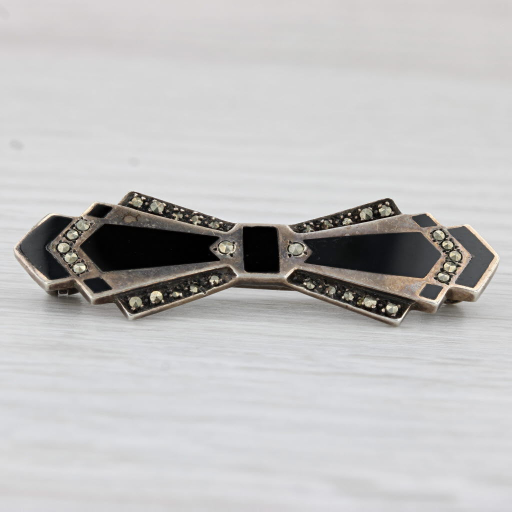 Light Gray Art Deco Vintage Onyx Marcasite Bow Brooch Sterling Silver Pin